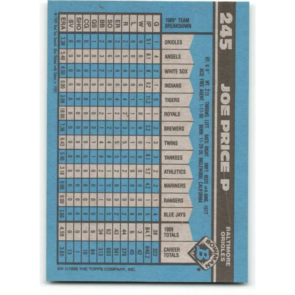 1990 Bowman #245 Joe Price NM-MT Baltimore Orioles Baseball Card Image 2