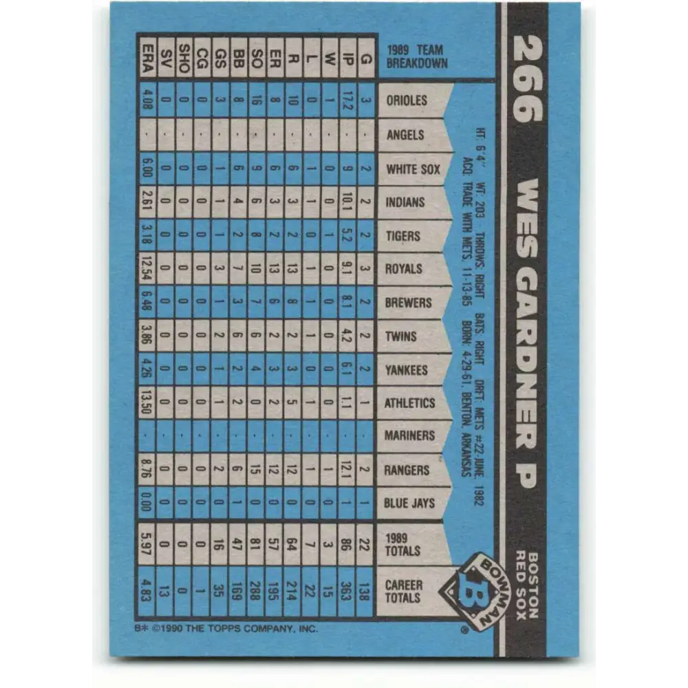 1990 Bowman #266 Wes Gardner NM-MT Boston Red Sox Baseball Card Image 2