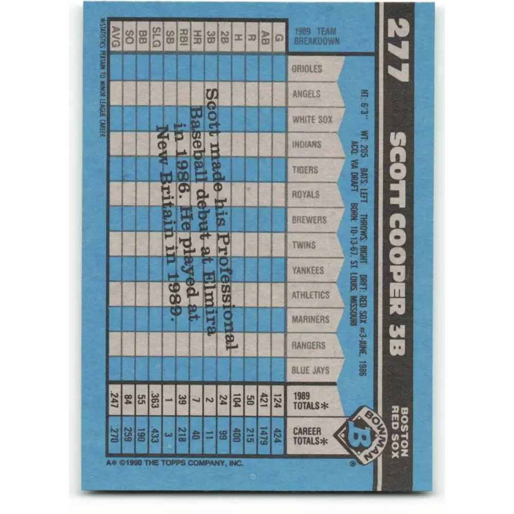 1990 Bowman #277 Scott Cooper NM-MT RC Rookie Boston Red Sox Baseball Card Image 2