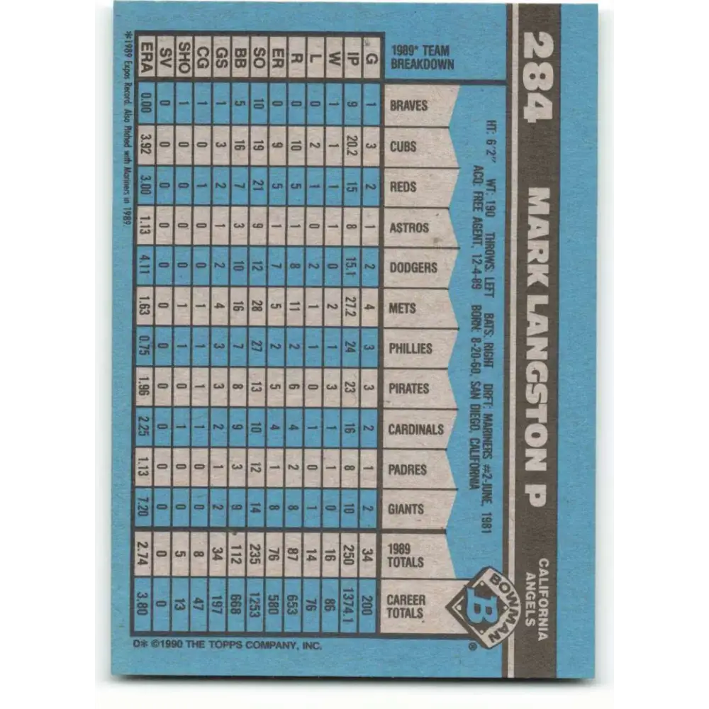 1990 Bowman #284 Mark Langston NM-MT California Angels Baseball Card Image 2