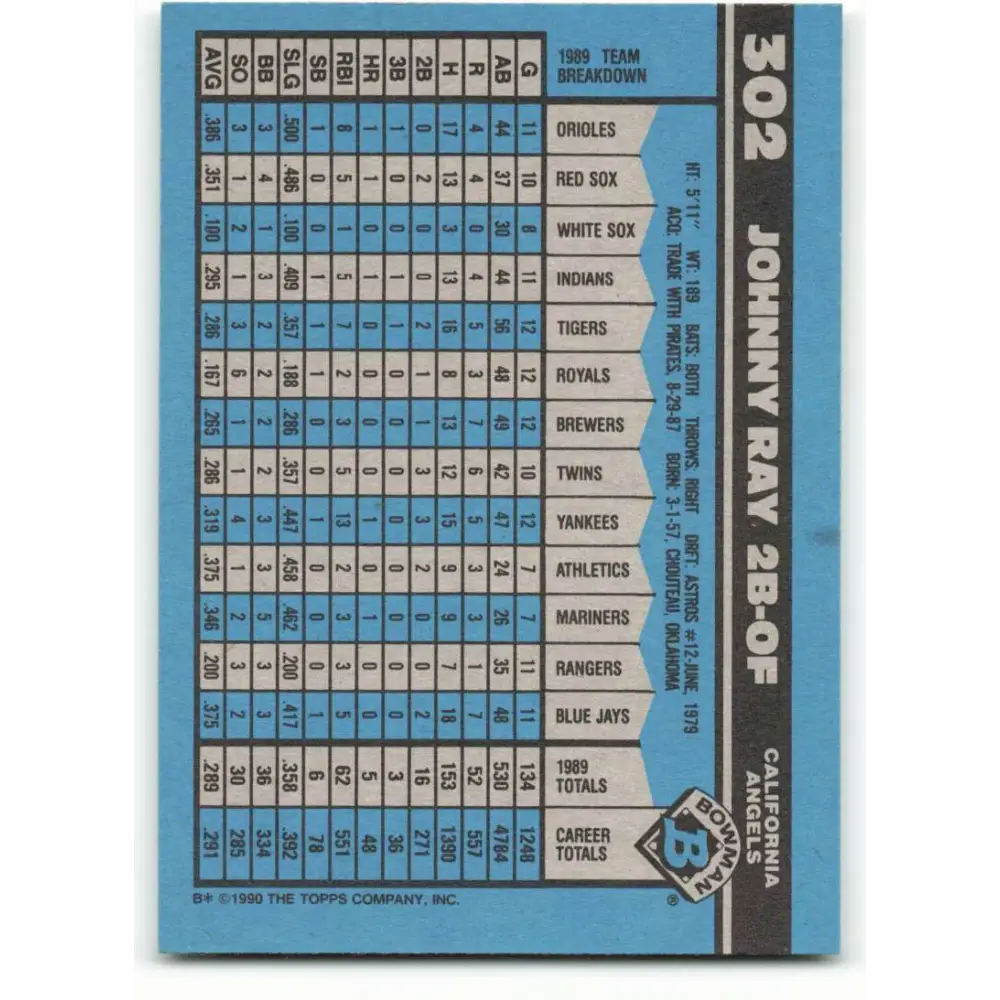1990 Bowman #302 Johnny Ray NM-MT California Angels Baseball Card Image 2