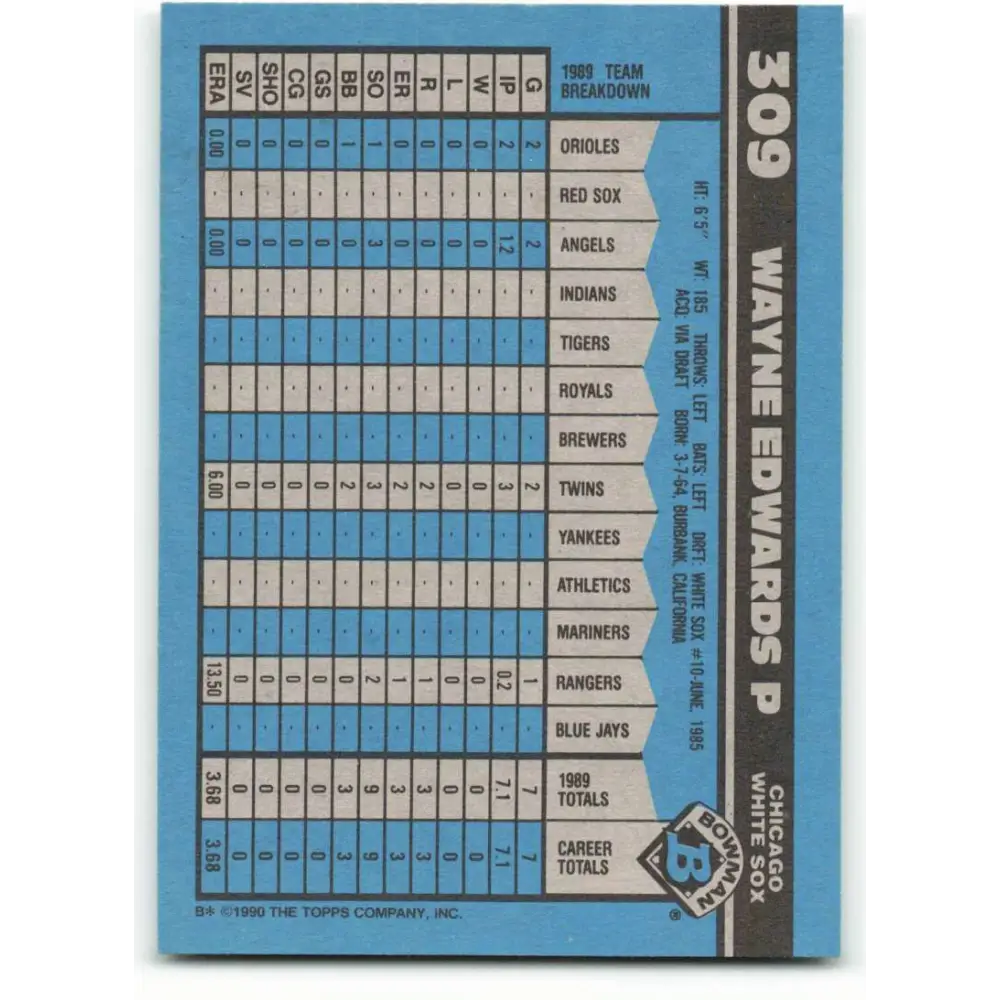 1990 Bowman #309 Wayne Edwards NM-MT RC Rookie Chicago White Sox Baseball Card Image 2