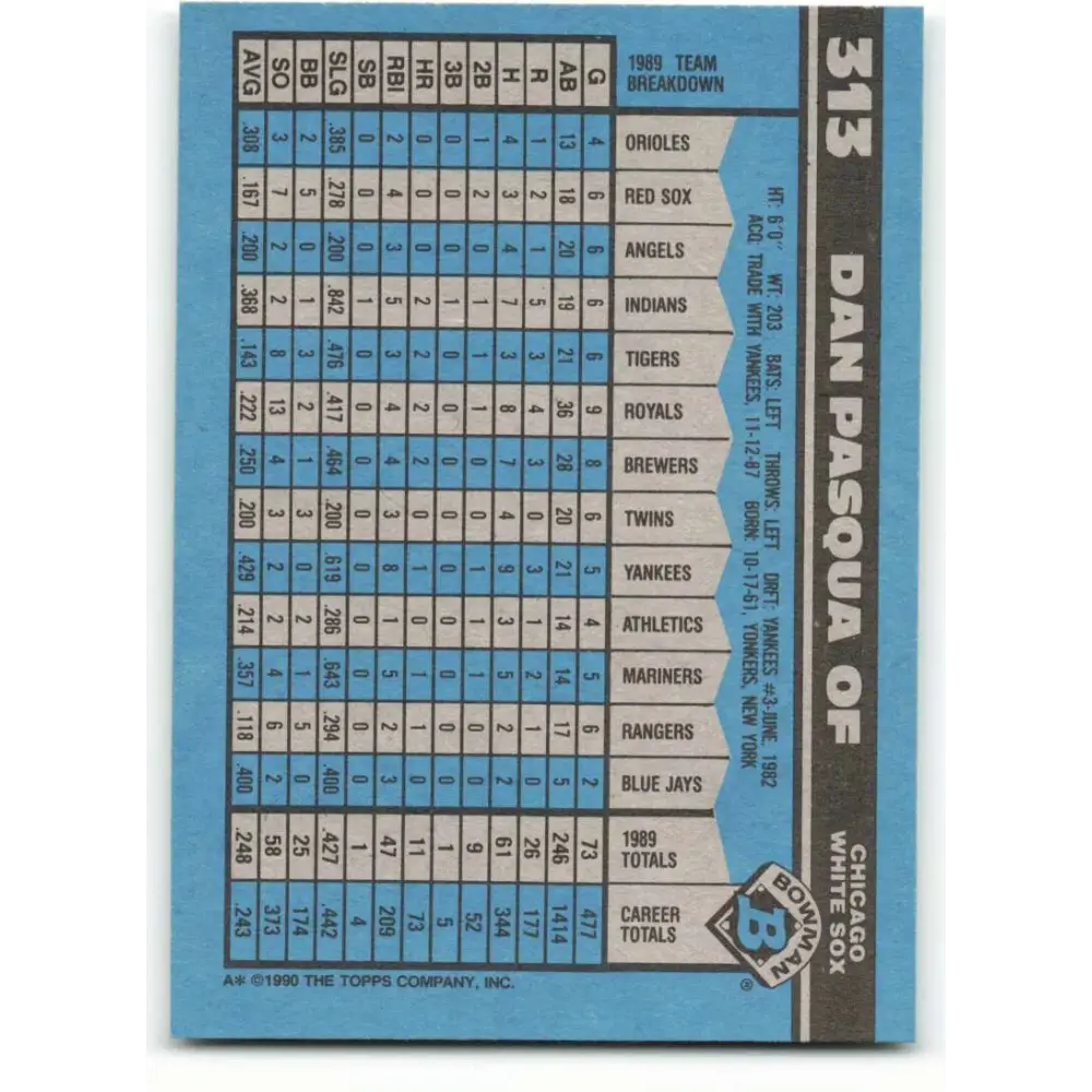 1990 Bowman #313 Dan Pasqua NM-MT Chicago White Sox Baseball Card Image 2