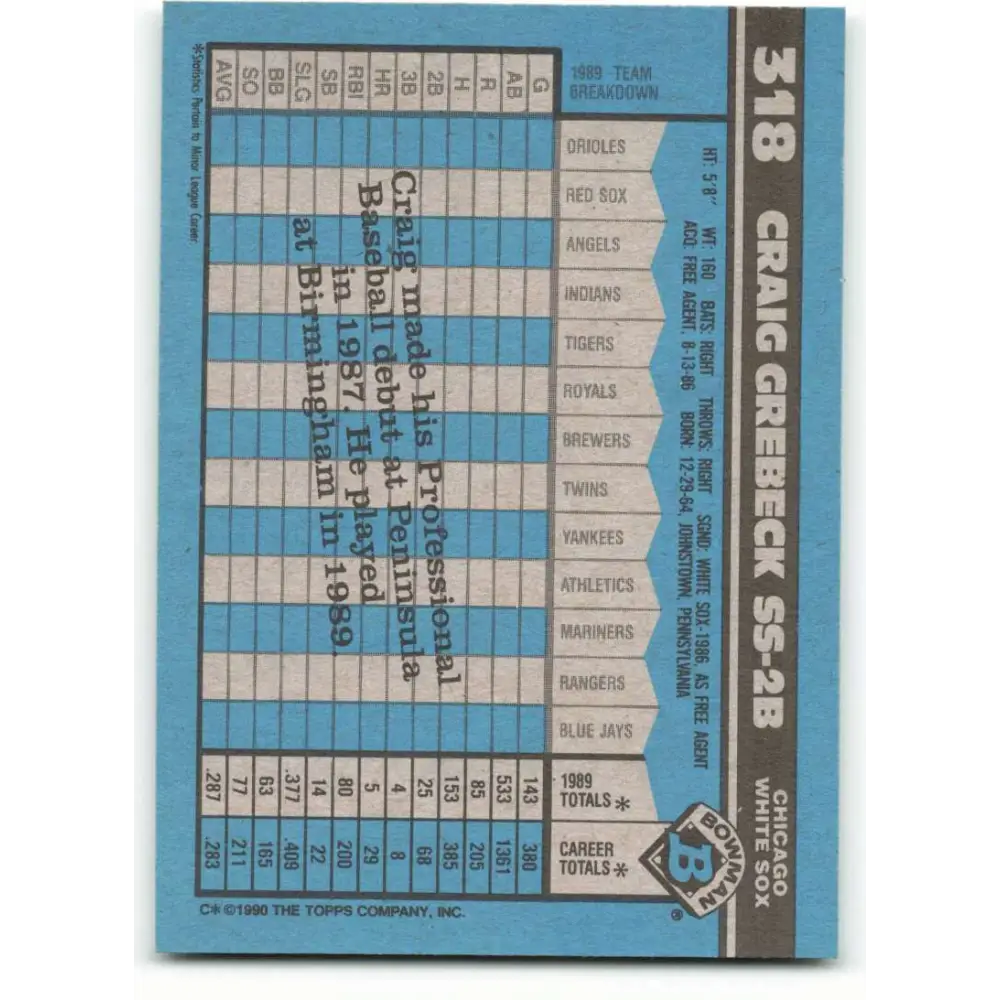 1990 Bowman #318 Craig Grebeck NM-MT RC Rookie Chicago White Sox Baseball Card Image 2