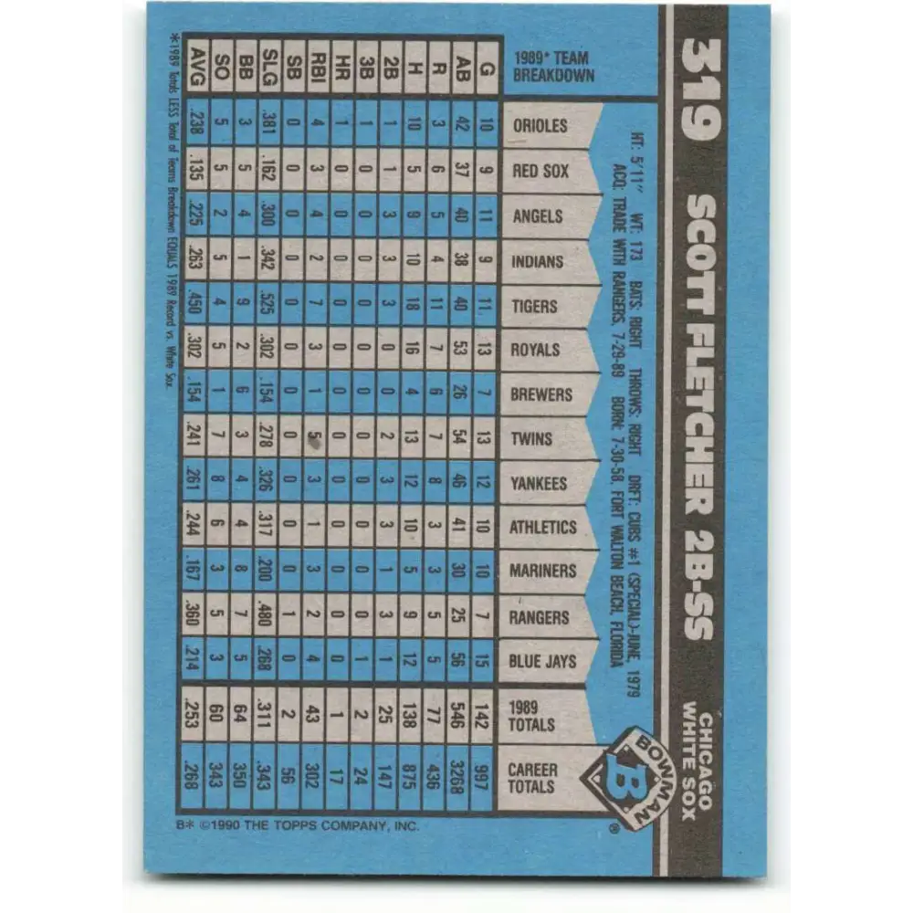 1990 Bowman #319 Scott Fletcher NM-MT Chicago White Sox Baseball Card Image 2