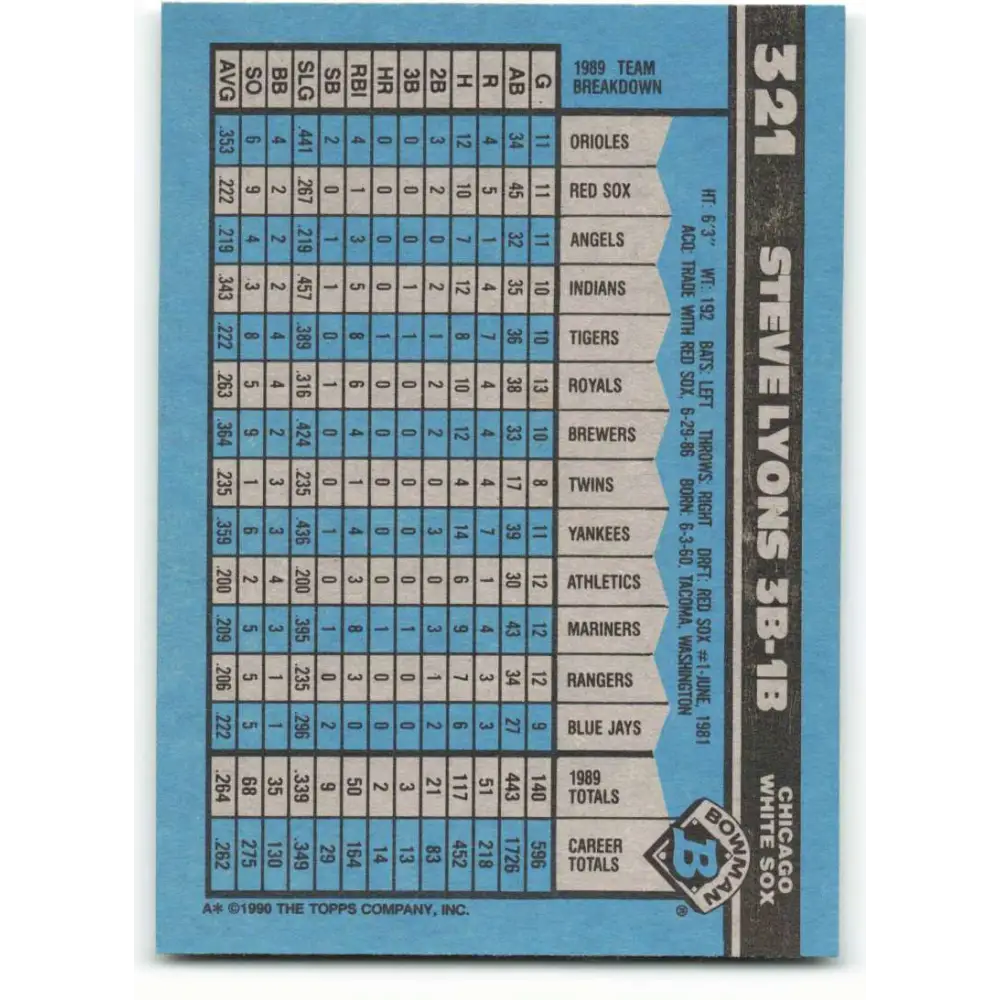 1990 Bowman #321 Steve Lyons NM-MT Chicago White Sox Baseball Card Image 2