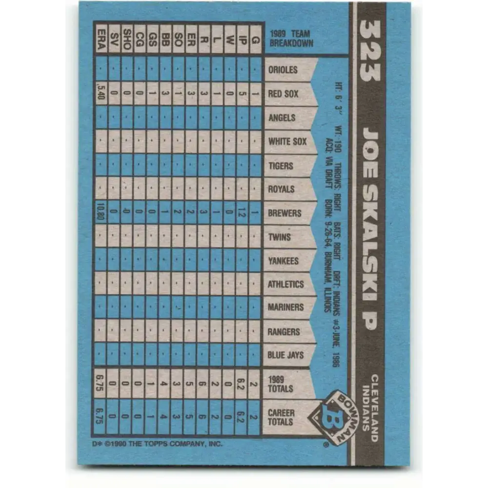 1990 Bowman #323 Joe Skalski NM-MT Cleveland Indians Baseball Card Image 2