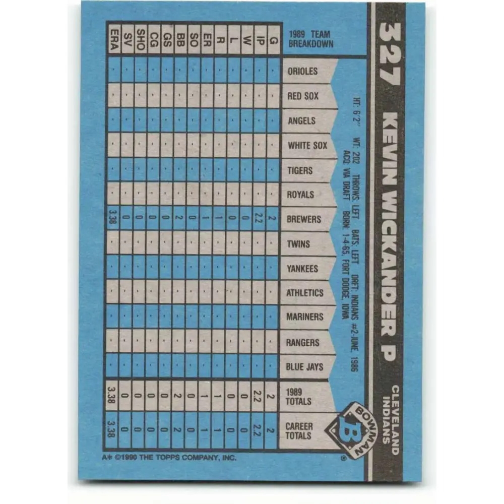 1990 Bowman #327 Kevin Wickander NM-MT Cleveland Indians Baseball Card Image 2