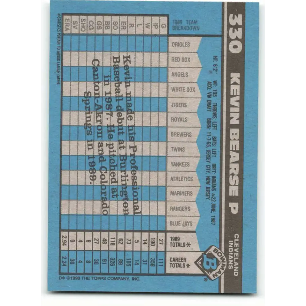 1990 Bowman #330 Kevin Bearse NM-MT RC Rookie Cleveland Indians Baseball Card Image 2