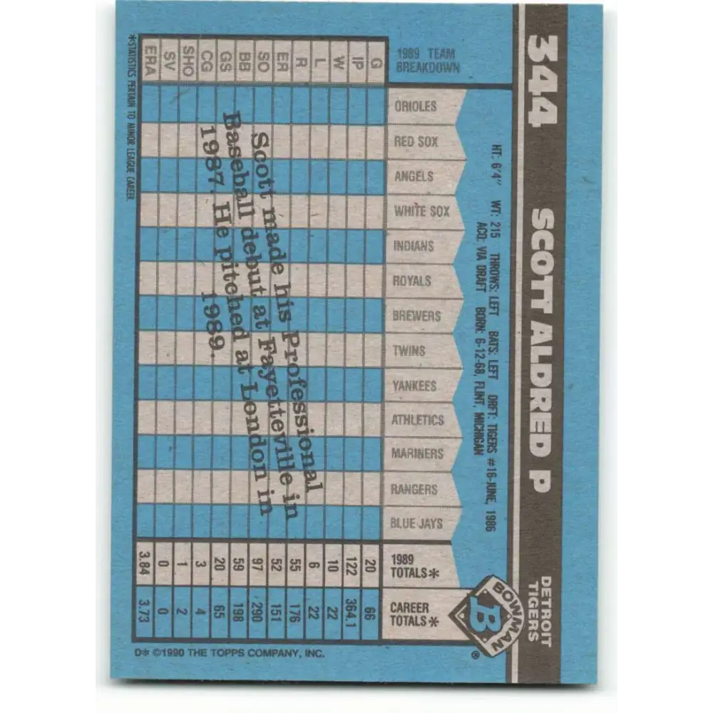 1990 Bowman #344 Scott Aldred NM-MT RC Rookie Detroit Tigers Baseball Card Image 2