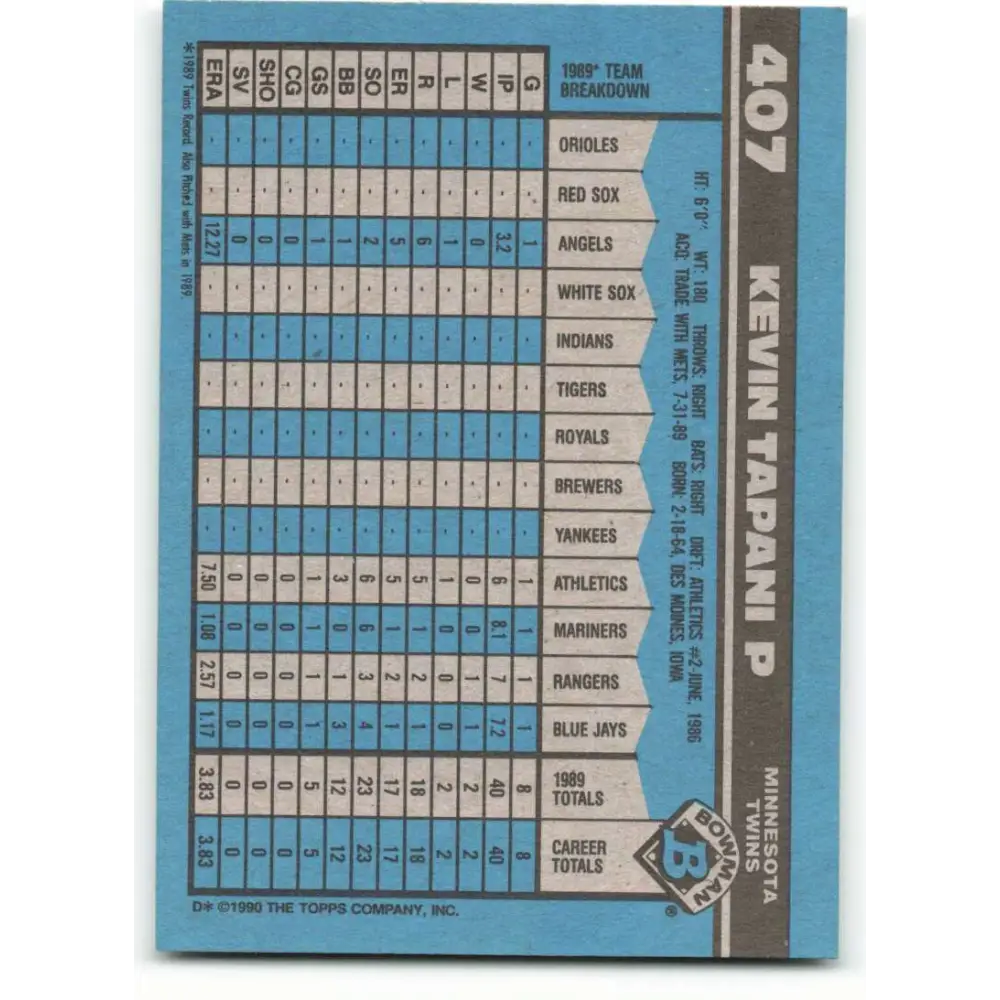 1990 Bowman #407 Kevin Tapani NM-MT RC Rookie Minnesota Twins Baseball Card Image 2