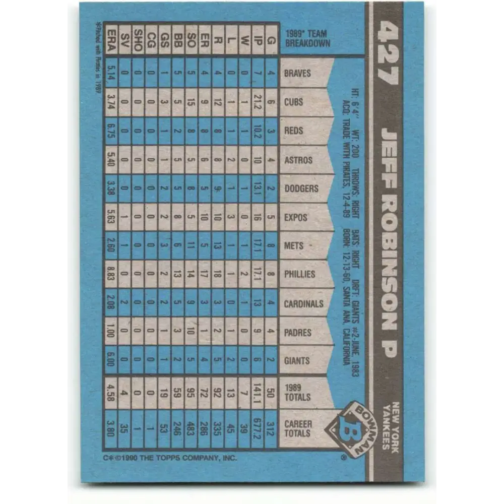 1990 Bowman #427 Jeff Robinson NM-MT New York Yankees Baseball Card Image 2