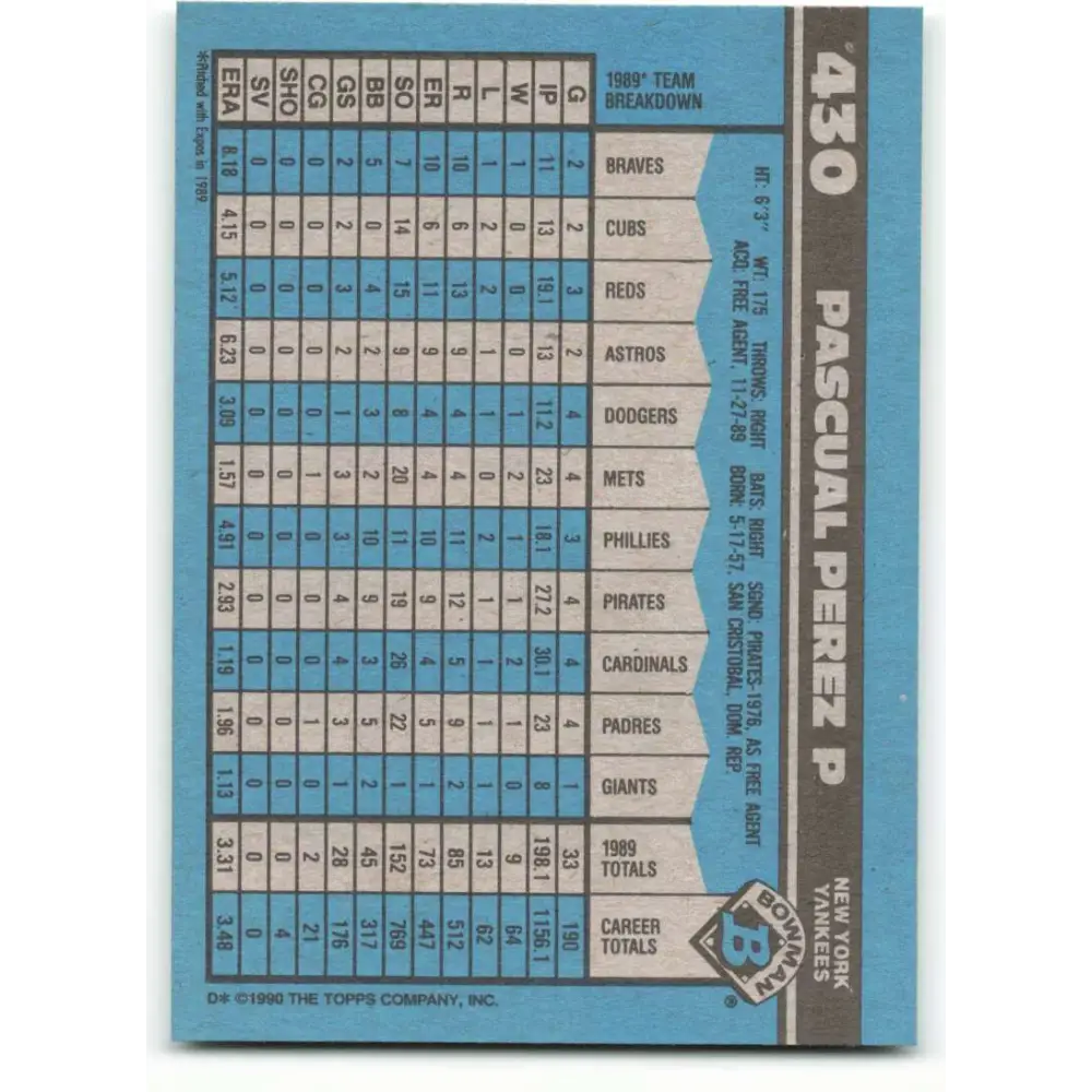 1990 Bowman #430 Pascual Perez NM-MT New York Yankees Baseball Card Image 2