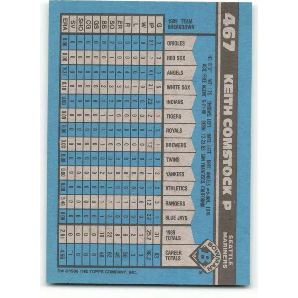 1990 Bowman #467 Keith Comstock NM-MT Seattle Mariners Baseball Card Image 2