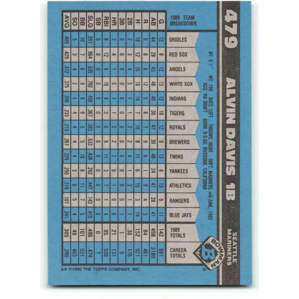 1990 Bowman #479 Alvin Davis NM-MT Seattle Mariners Baseball Card Image 2