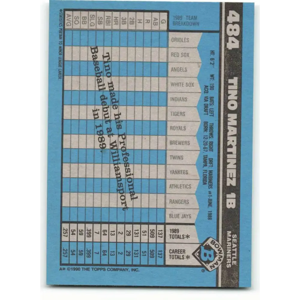 1990 Bowman #484 Tino Martinez NM-MT Seattle Mariners Baseball Card Image 2