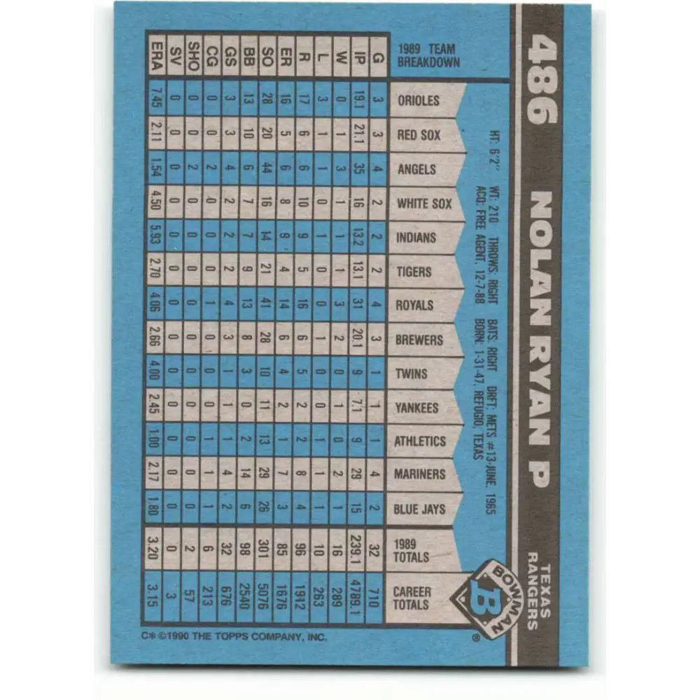 1990 Bowman #486 Nolan Ryan NM-MT Texas Rangers Baseball Card Image 2