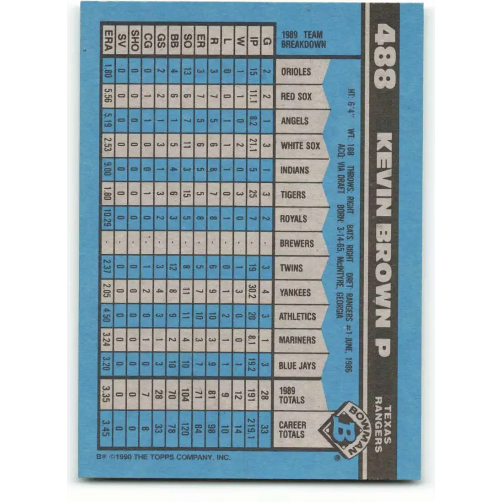 1990 Bowman #488 Kevin Brown NM-MT Texas Rangers Baseball Card Image 2