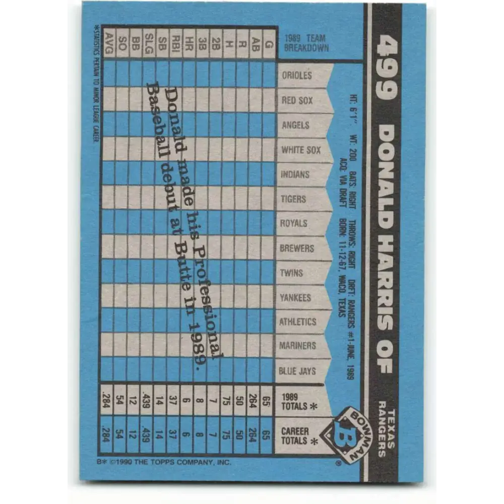 1990 Bowman #499 Donald Harris NM-MT RC Rookie Texas Rangers Baseball Card Image 2
