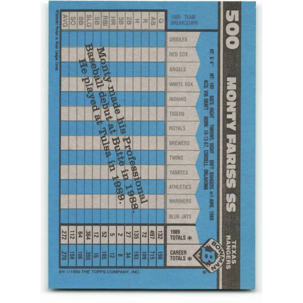 1990 Bowman #500 Monty Fariss NM-MT Texas Rangers Baseball Card Image 2