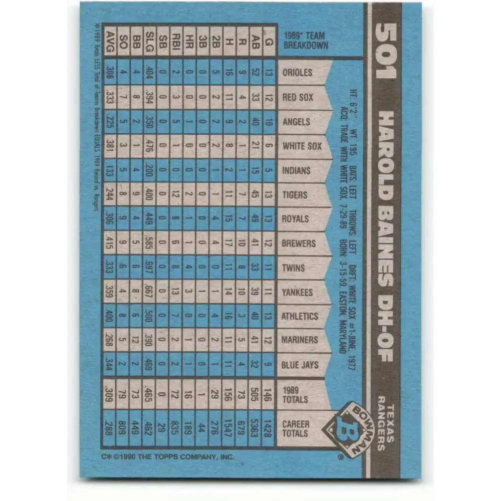 1990 Bowman #501 Harold Baines NM-MT Texas Rangers Baseball Card Image 2