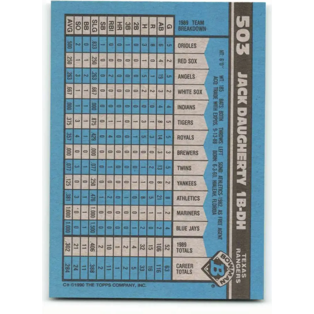1990 Bowman #503 Jack Daugherty NM-MT RC Rookie Texas Rangers Baseball Card Image 2