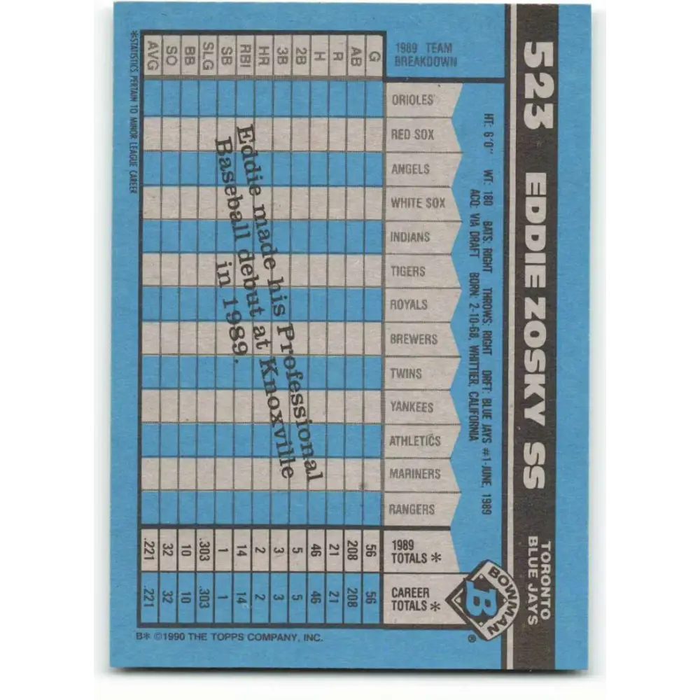 1990 Bowman #523 Eddie Zosky NM-MT RC Rookie Toronto Blue Jays Baseball Card Image 2