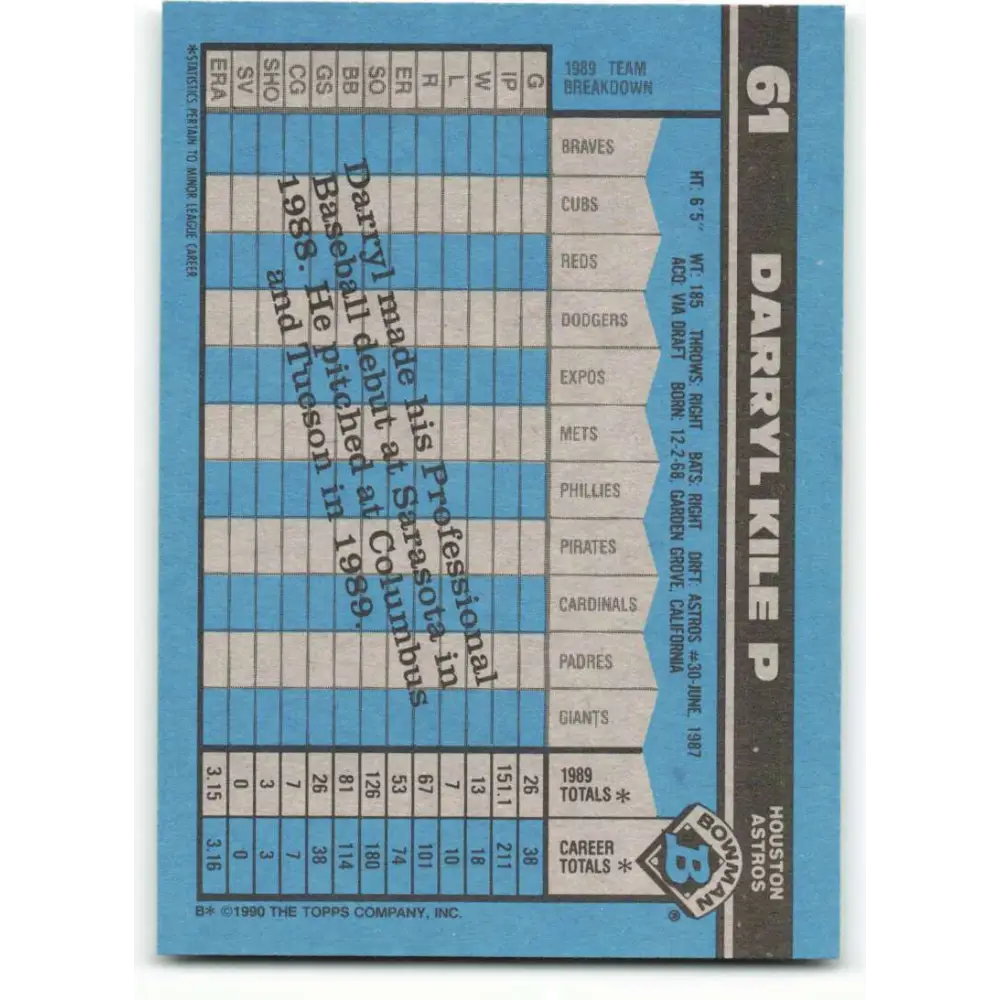1990 Bowman #61 Darryl Kile NM-MT RC Rookie Houston Astros Baseball Card Image 2