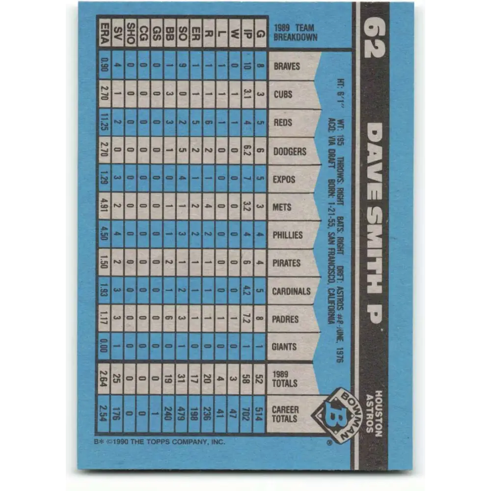 1990 Bowman #62 Dave Smith NM-MT Houston Astros Baseball Card Image 2