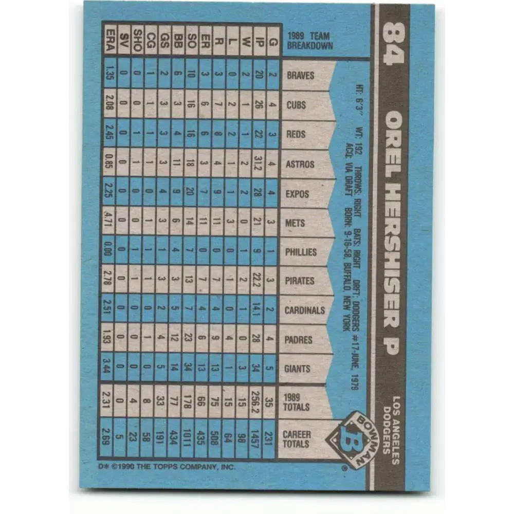 1990 Bowman #84 Orel Hershiser NM-MT Los Angeles Dodgers Baseball Card Image 2