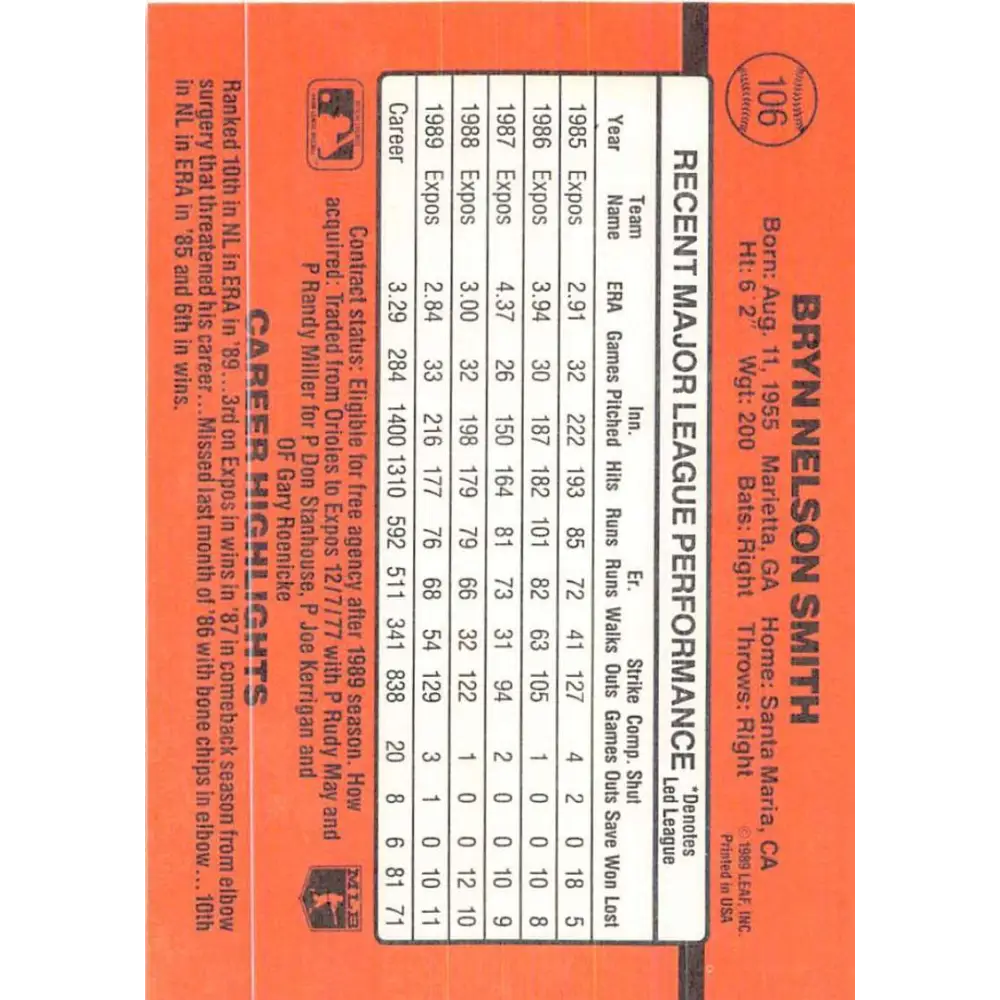 1990 Donruss #106 Bryn Smith VG-EX Montreal Expos Baseball Card Image 2