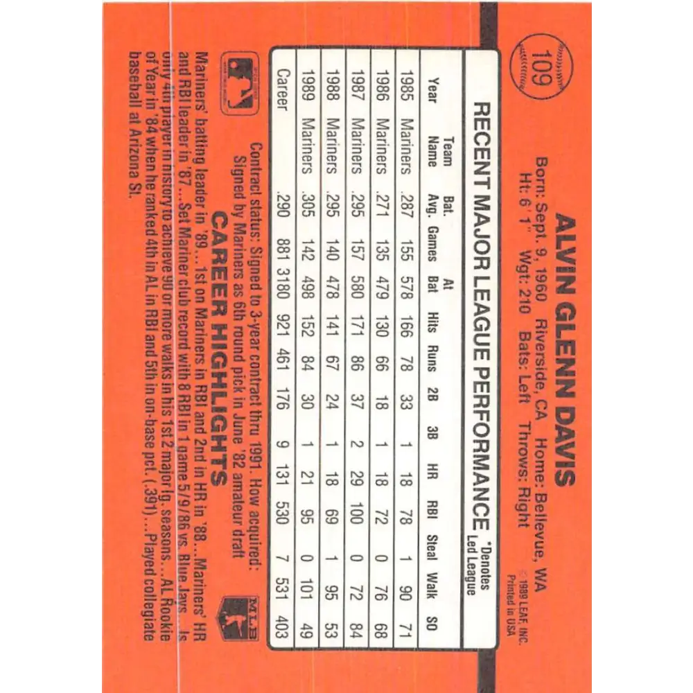 1990 Donruss #109 Alvin Davis VG-EX Seattle Mariners Baseball Card Image 2
