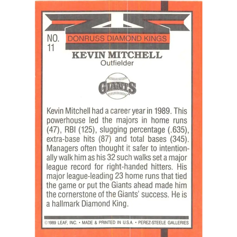 1990 Donruss #11 Kevin Mitchell DK VG-EX San Francisco Giants Baseball Card Image 2
