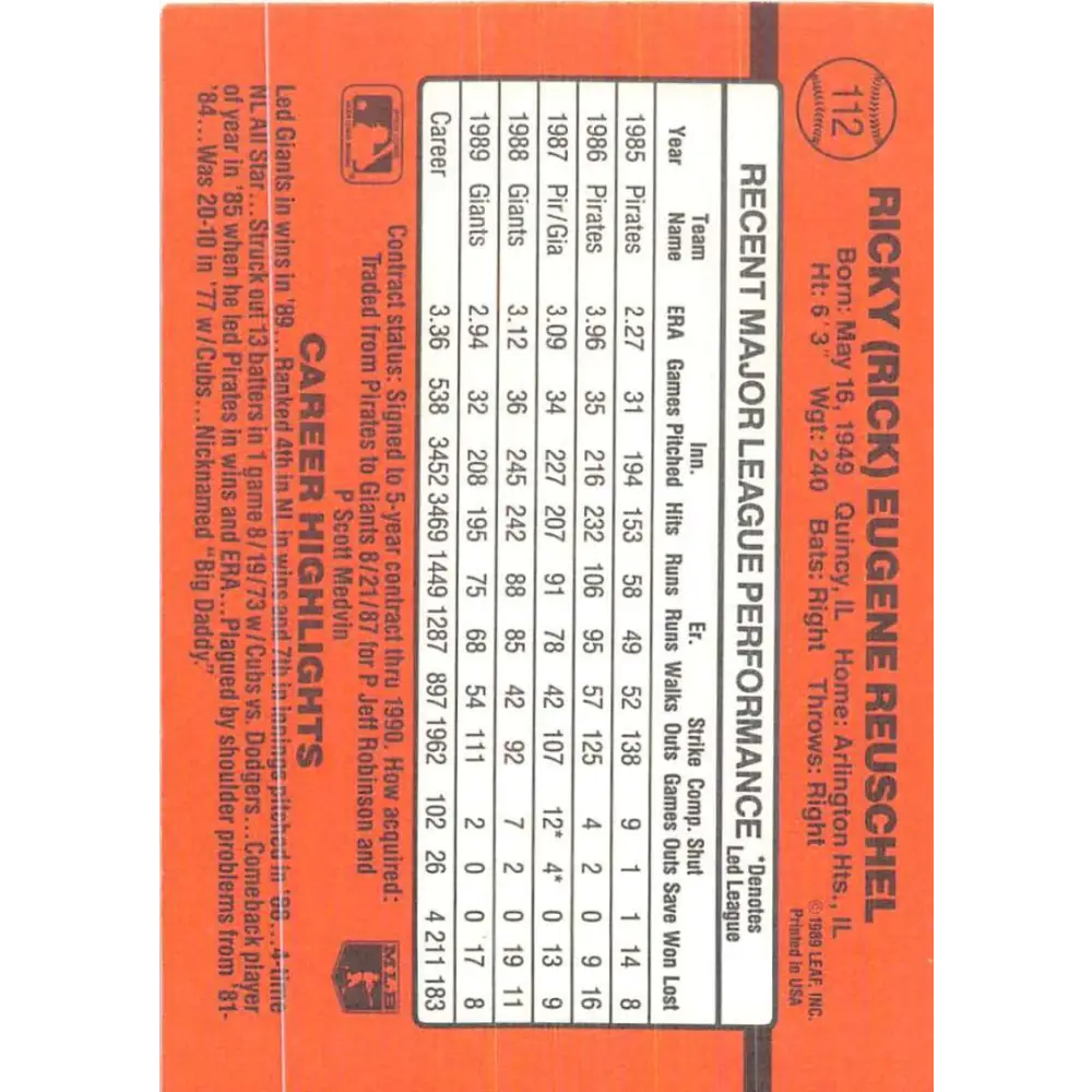 1990 Donruss #112 Rick Reuschel VG-EX San Francisco Giants Baseball Card Image 2