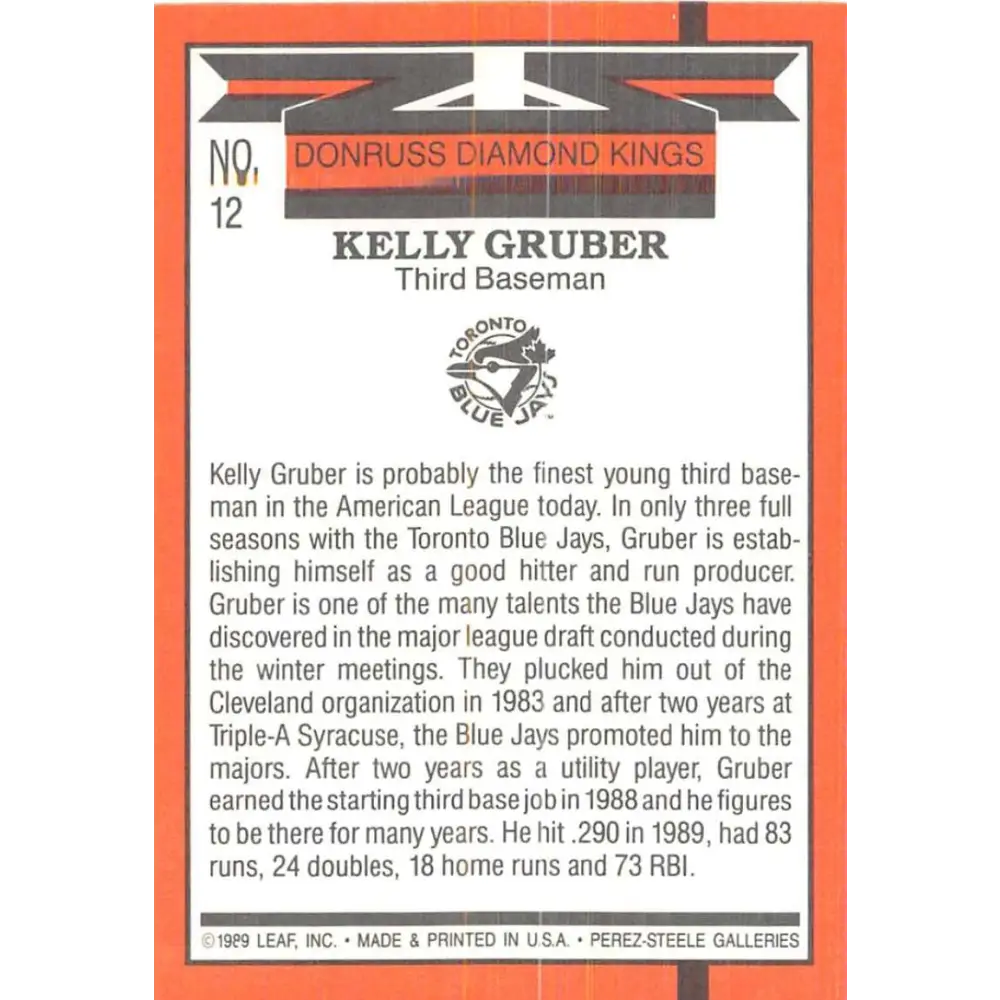 1990 Donruss #12 Kelly Gruber DK VG-EX Toronto Blue Jays Baseball Card Image 2
