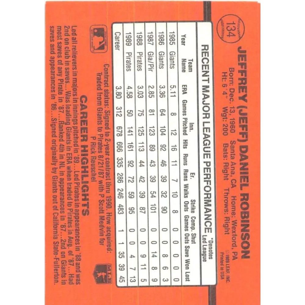 1990 Donruss #134 Jeff Robinson VG-EX Pittsburgh Pirates Baseball Card Image 2