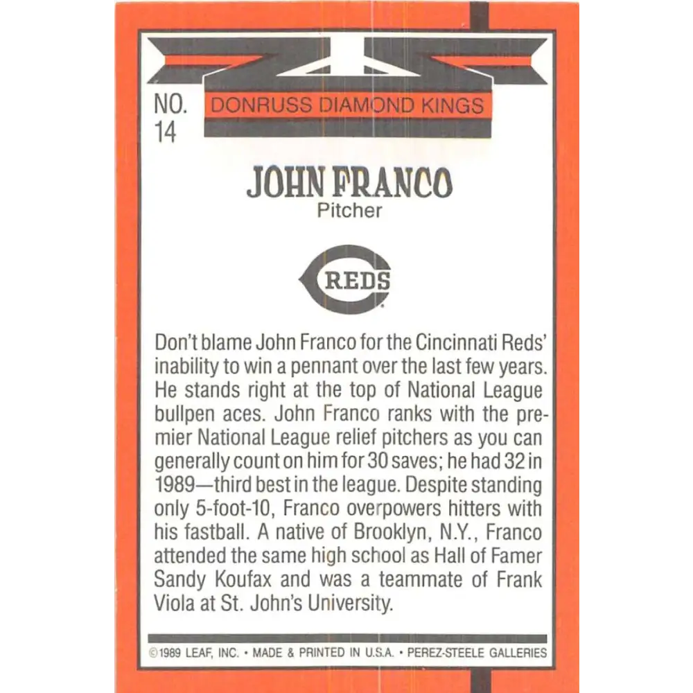 1990 Donruss #14 John Franco DK VG-EX Cincinnati Reds Baseball Card Image 2