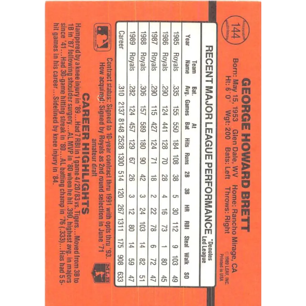 1990 Donruss #144 George Brett VG-EX Kansas City Royals Baseball Card Image 2