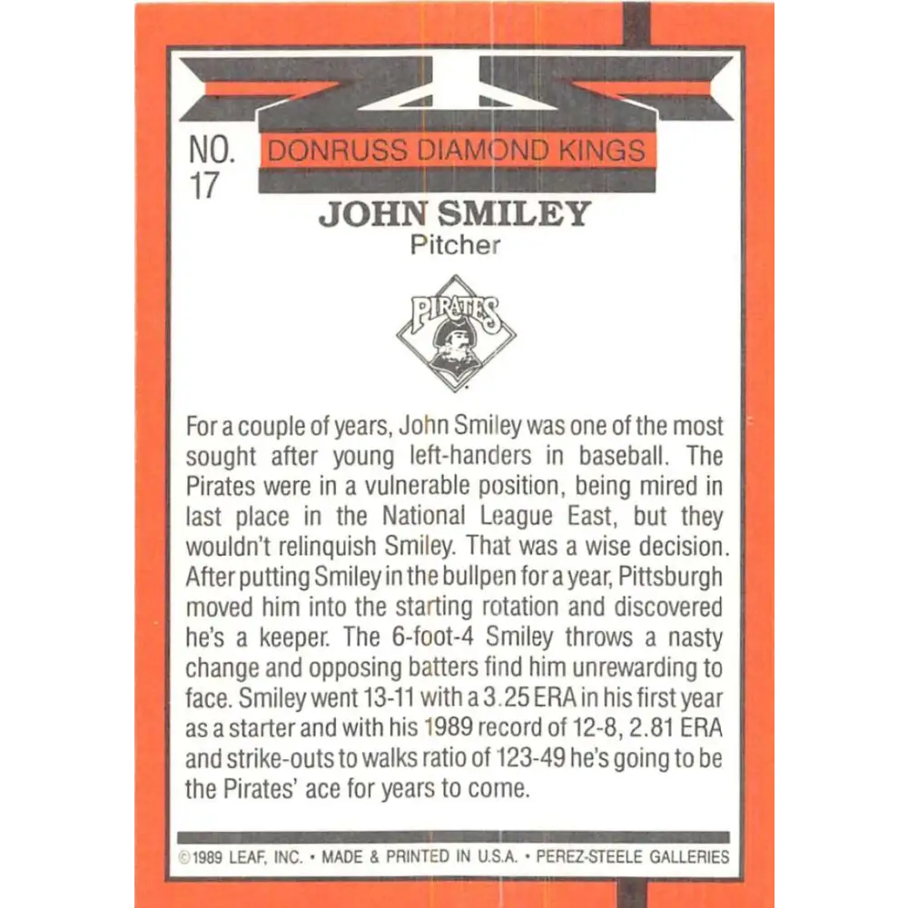 1990 Donruss #17 John Smiley DK VG-EX Pittsburgh Pirates Baseball Card Image 2