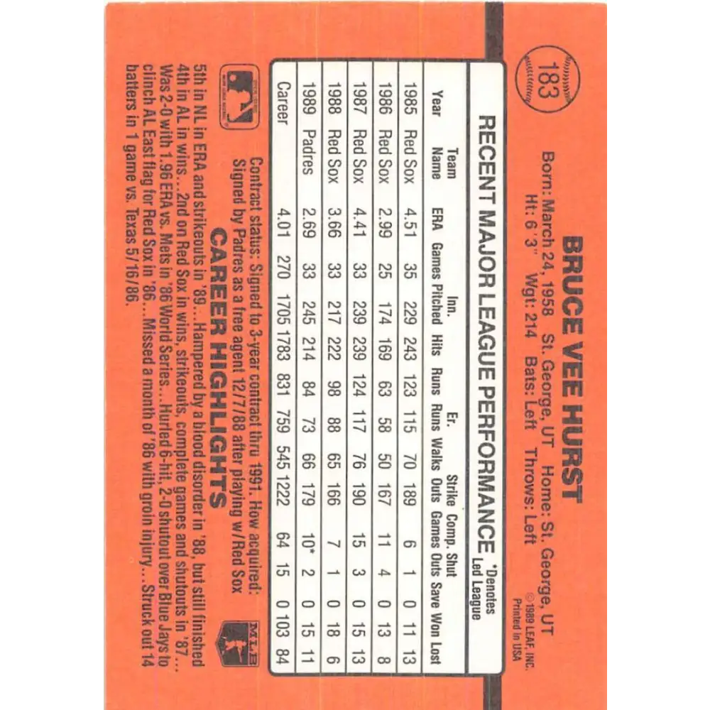 1990 Donruss #183 Bruce Hurst VG-EX San Diego Padres Baseball Card Image 2