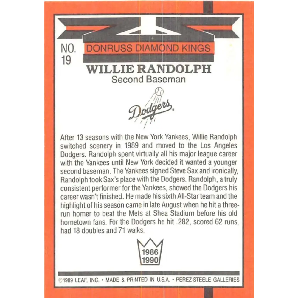 1990 Donruss #19 Willie Randolph DK VG-EX Los Angeles Dodgers Baseball Card Image 2