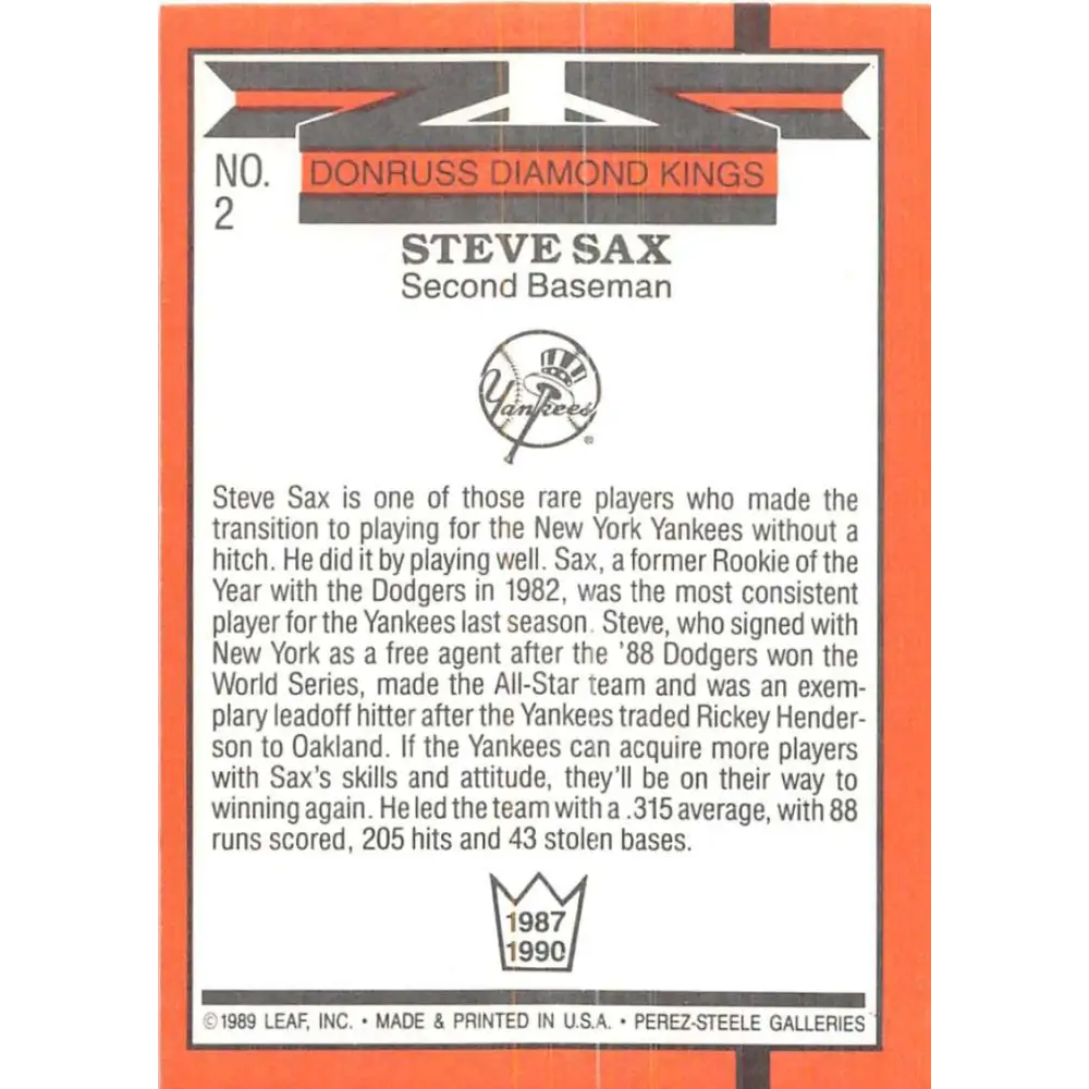 1990 Donruss #2 Steve Sax DK VG-EX New York Yankees Baseball Card Image 2