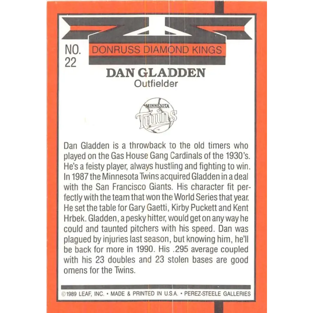 1990 Donruss #22 Dan Gladden DK VG-EX Minnesota Twins Baseball Card Image 2