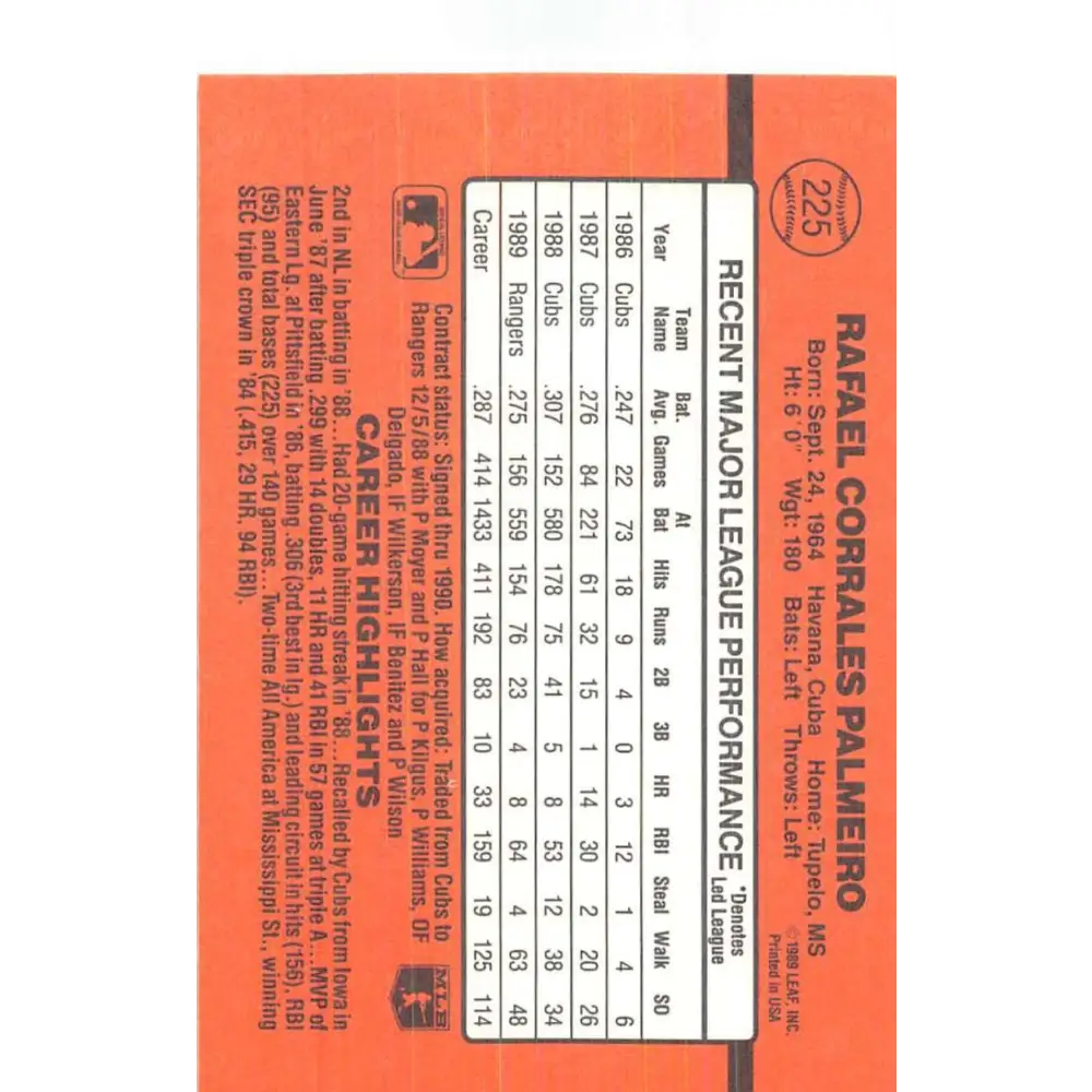 1990 Donruss #225 Rafael Palmeiro VG-EX Texas Rangers Baseball Card Image 2