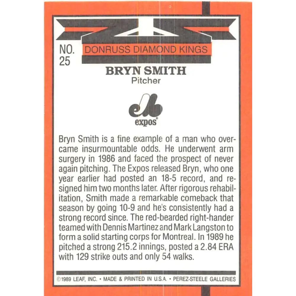 1990 Donruss #25 Bryn Smith DK VG-EX Montreal Expos Baseball Card Image 2