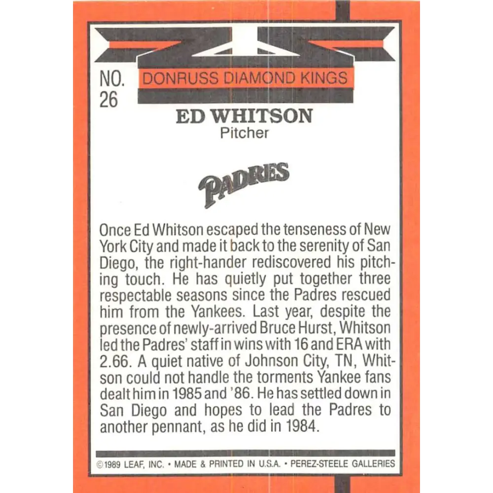1990 Donruss #26 Ed Whitson DK DP VG-EX San Diego Padres Baseball Card Image 2