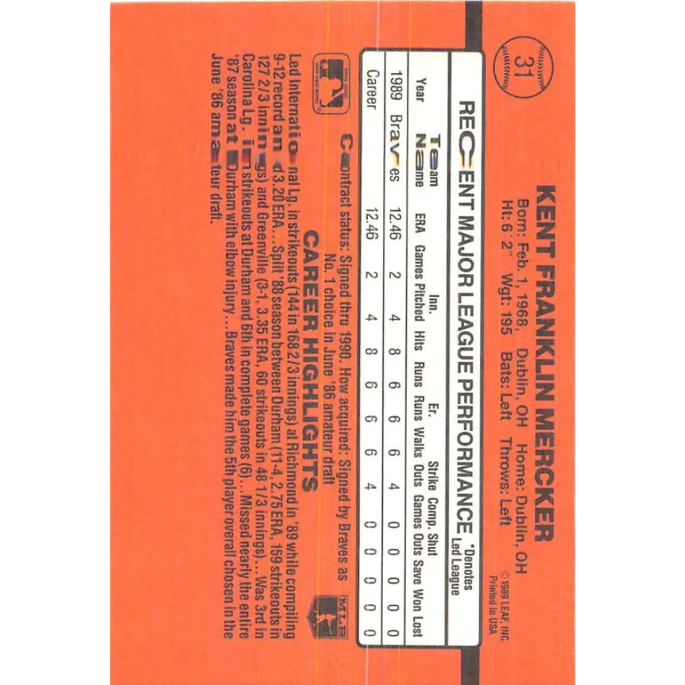 1990 Donruss #31 Kent Mercker VG-EX RC Rookie Atlanta Braves Baseball Card Image 2