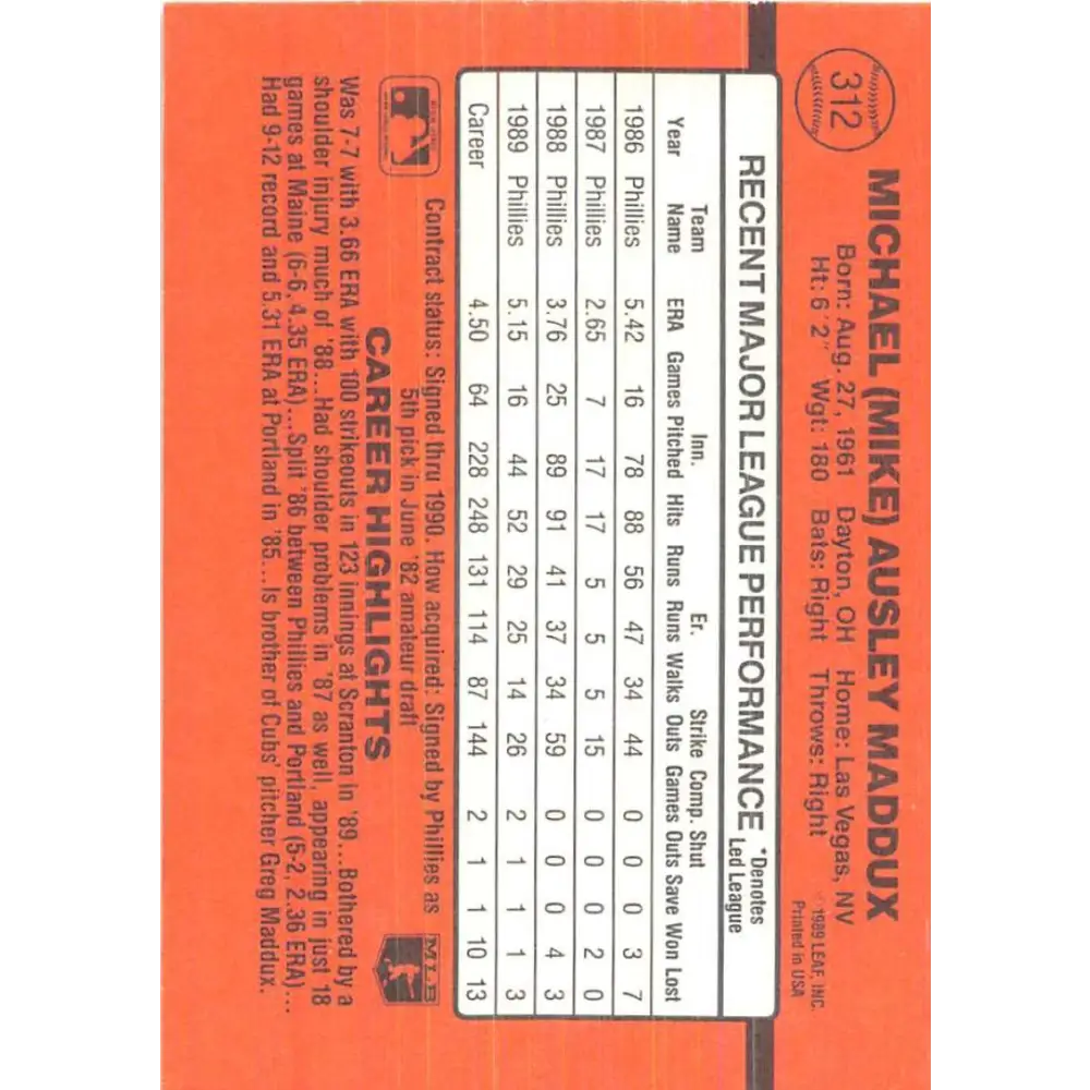 1990 Donruss #312 Mike Maddux VG-EX Philadelphia Phillies Baseball Card Image 2