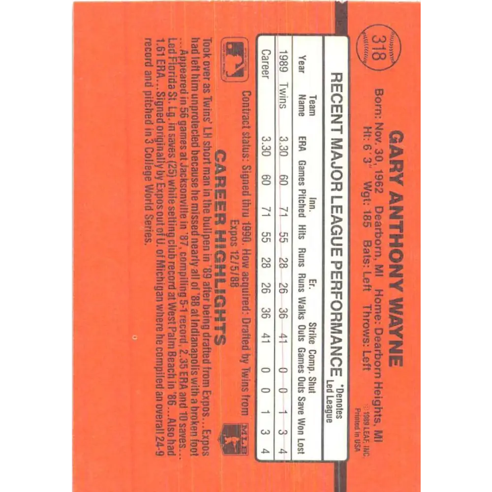 1990 Donruss #318 Gary Wayne VG-EX Minnesota Twins Baseball Card Image 2