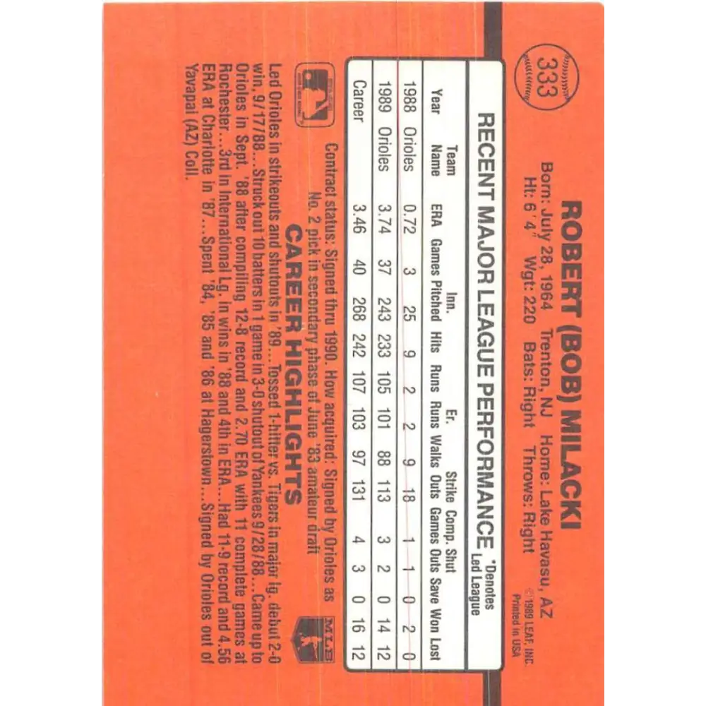 1990 Donruss #333 Bob Milacki VG-EX Baltimore Orioles Baseball Card Image 2